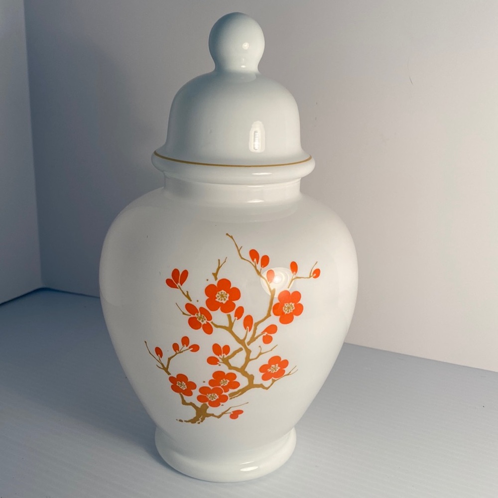 Vintage Apothecary Jar White With Orange Floral Design Made